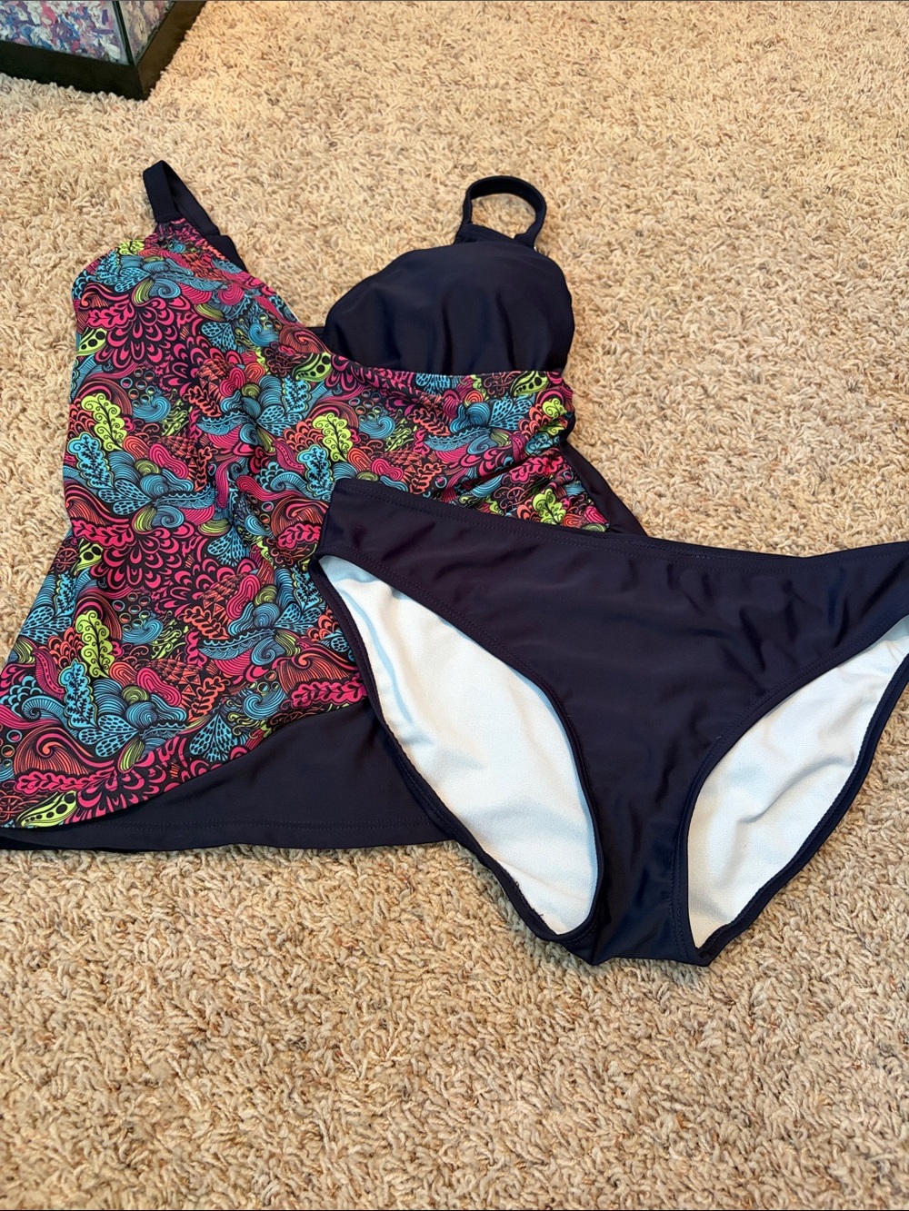 Navy Floral Print Tankini Top with Navy Briefs